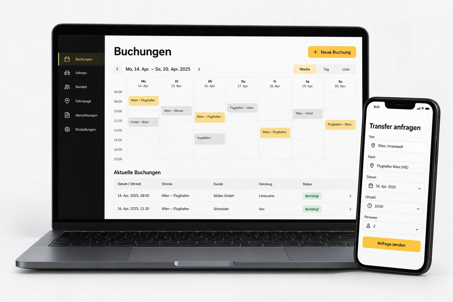 Example booking dashboard on a laptop and booking form on a smartphone